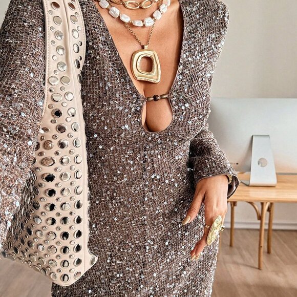 Brown Sequin Mesh V-Neck Women's Party Dress - Picture 6 of 9